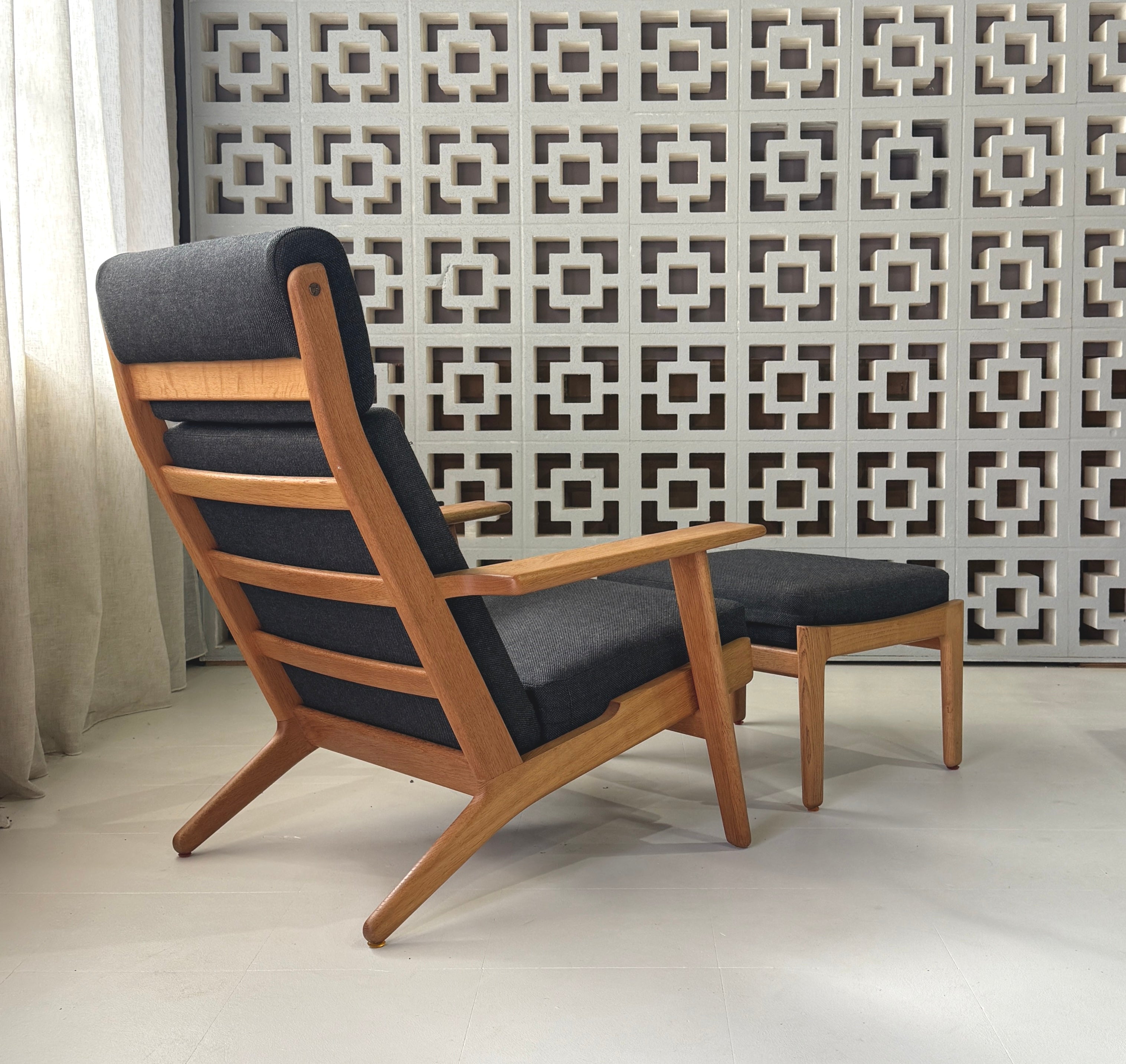 Hans Wegner High-Back GE290 Plank Chair and Footstool in a Kvadrat Wool