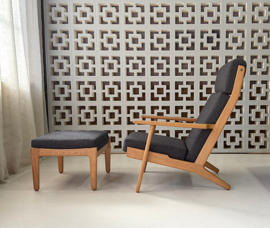 Hans Wegner High-Back GE290 Plank Chair and Footstool in a Kvadrat Wool
