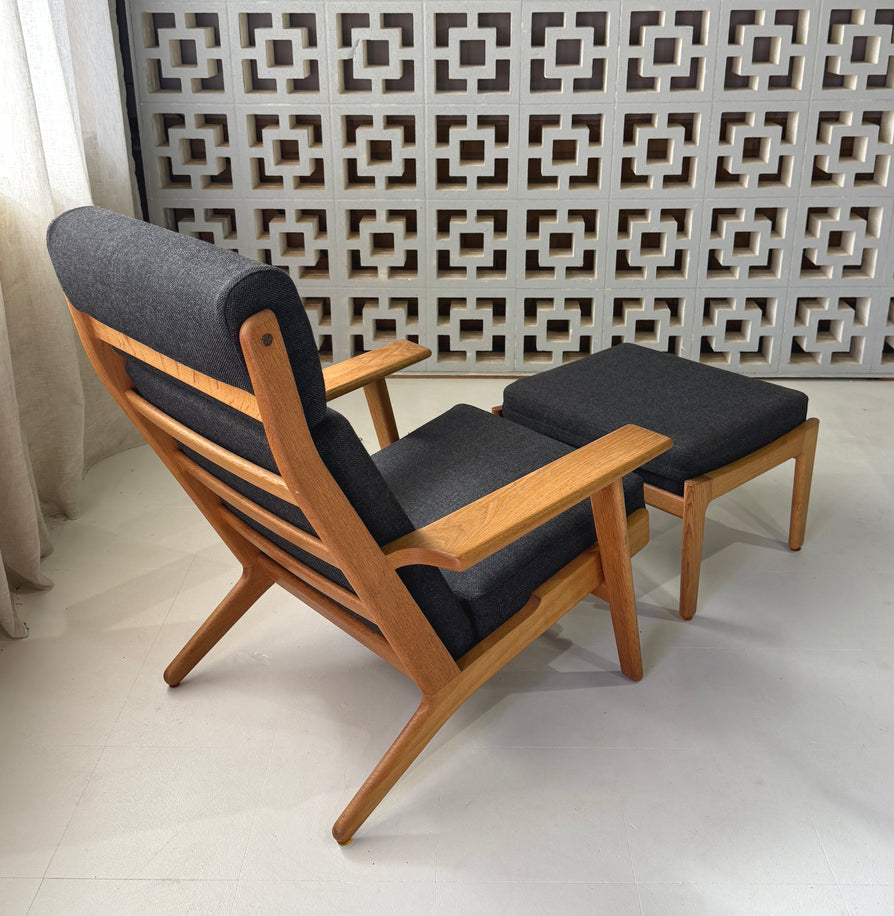 Hans Wegner High-Back GE290 Plank Chair and Footstool in a Kvadrat Wool