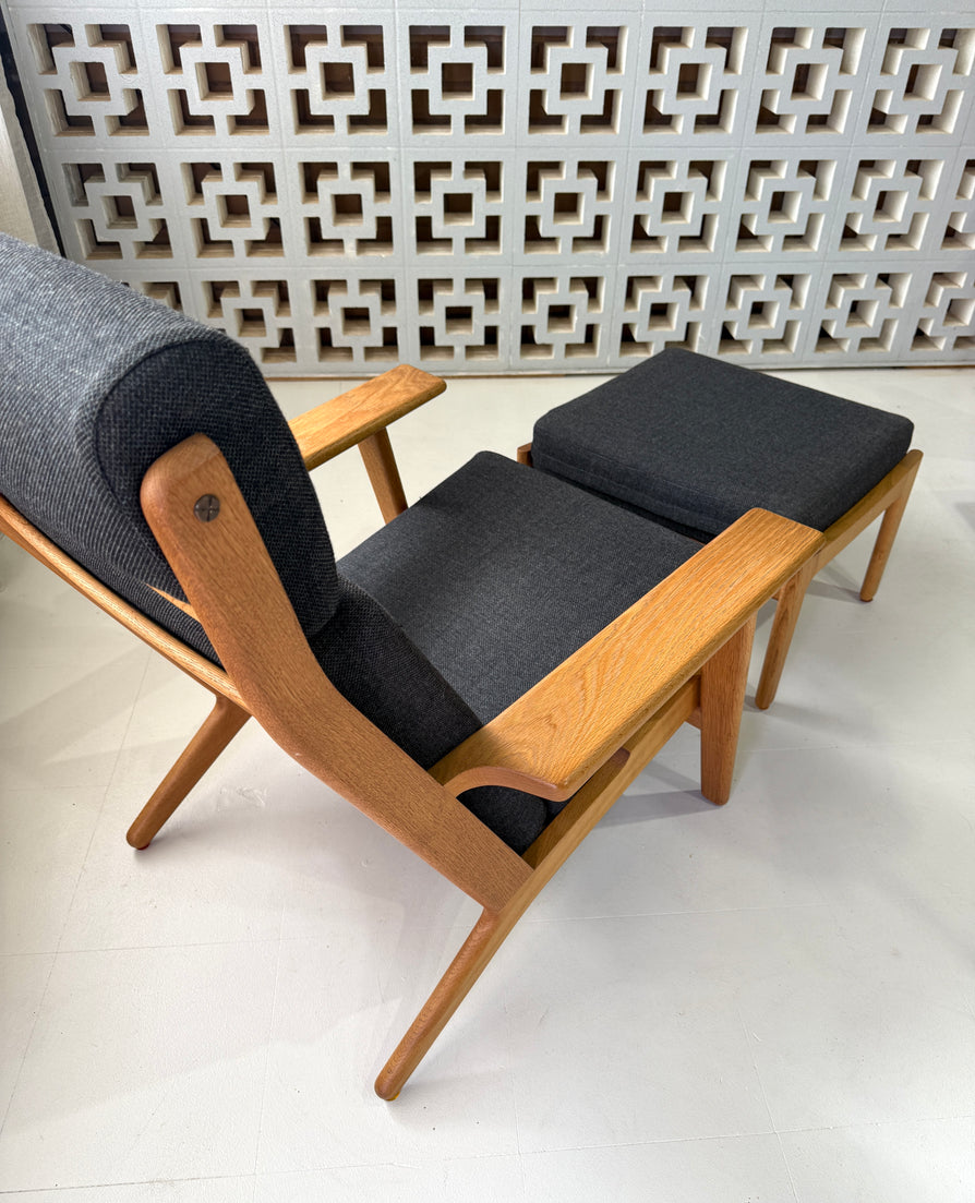Hans Wegner High-Back GE290 Plank Chair and Footstool in a Kvadrat Wool