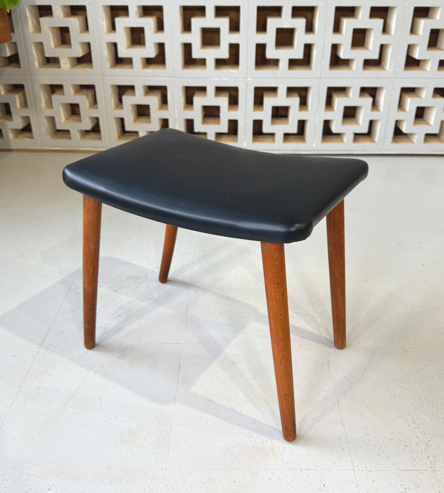 Danish Footstool in Black Vinyl and on Teak Legs