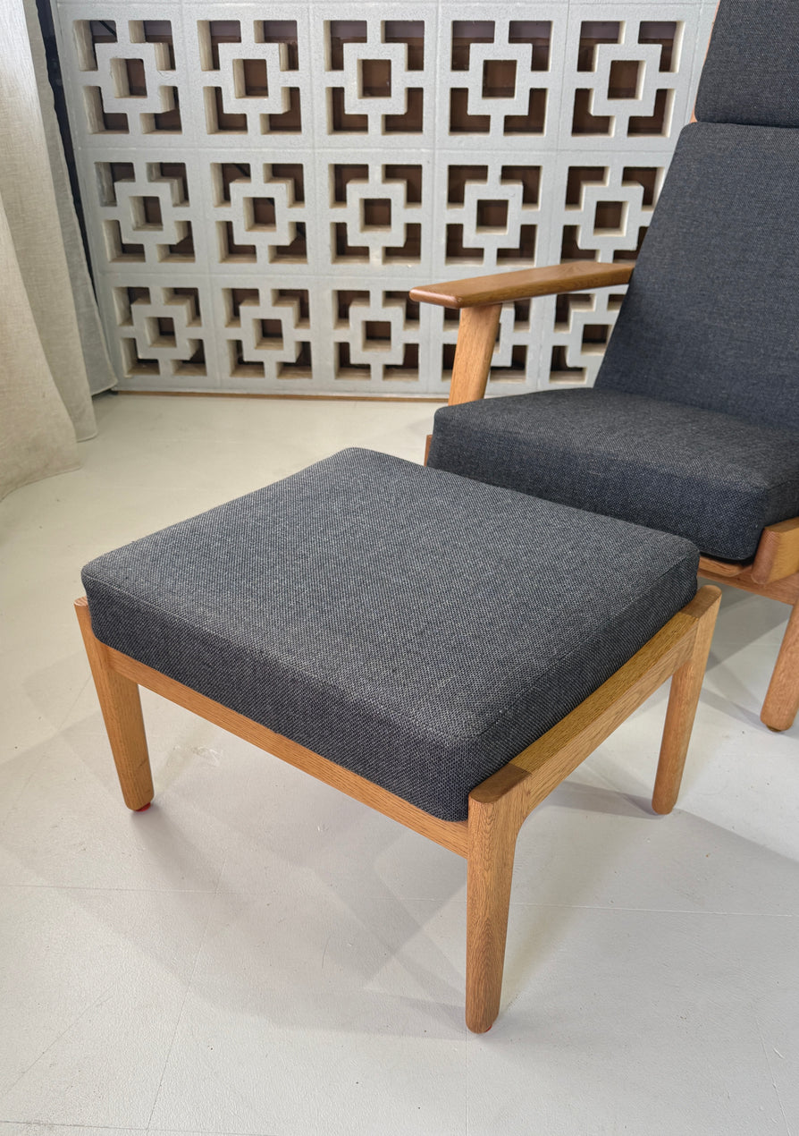Hans Wegner High-Back GE290 Plank Chair and Footstool in a Kvadrat Wool