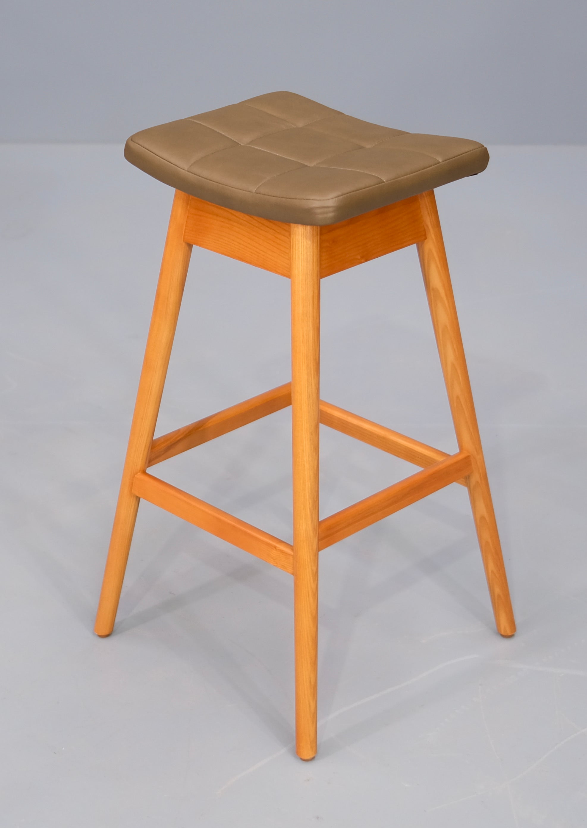 TH Brown Martelle Barstool in Teak Finish & Olive Leather