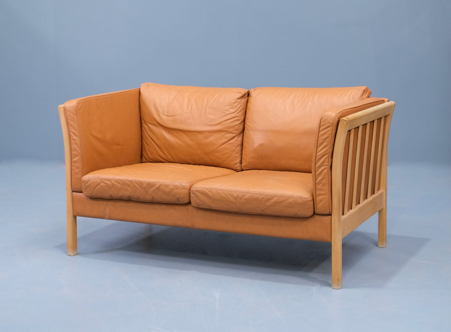 Danish Two Seater Stouby Sofa in Tan Leather
