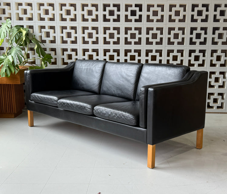 Danish Three Seater Sofa in Black Leather