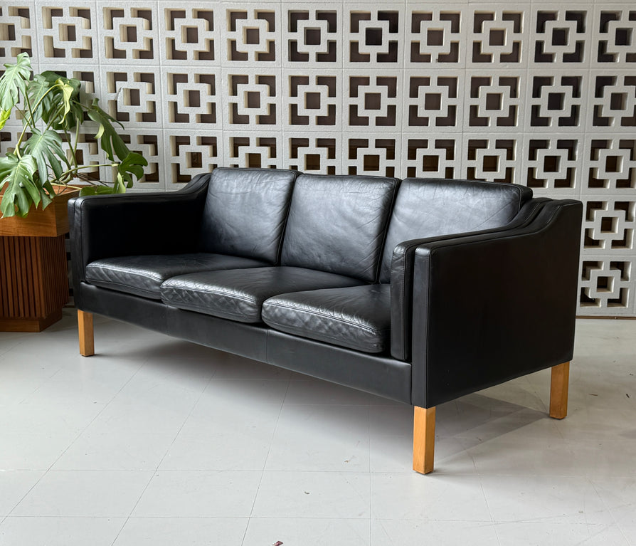 Danish Three Seater Sofa in Black Leather