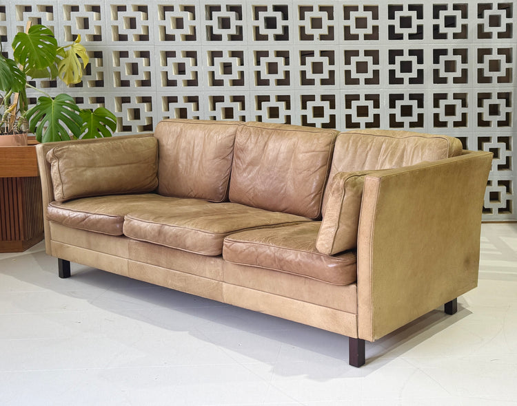 Danish Three Seater Sofa in a Mushroom Tone Leather