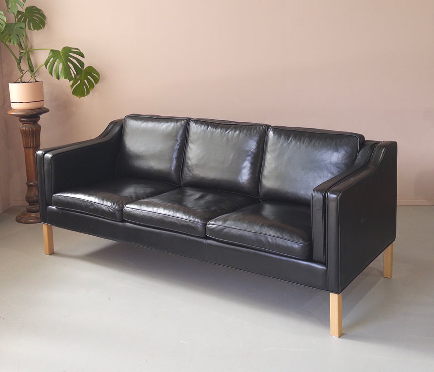 Danish Three Seater Sofa in Black Leather