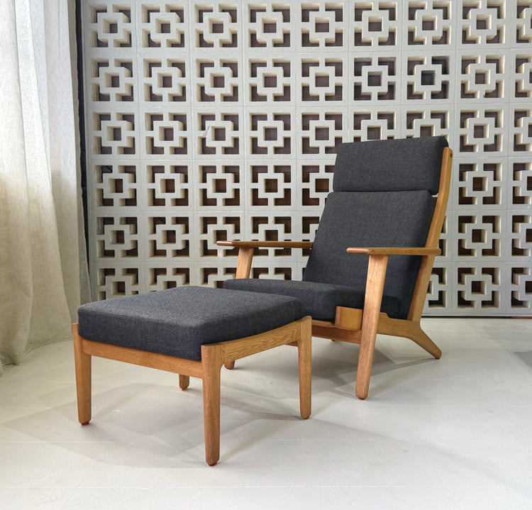 Hans Wegner High-Back GE290 Plank Chair and Footstool in a Kvadrat Wool