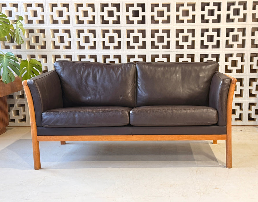 Danish Convertible Two Seater Sofa in Leather & Oak