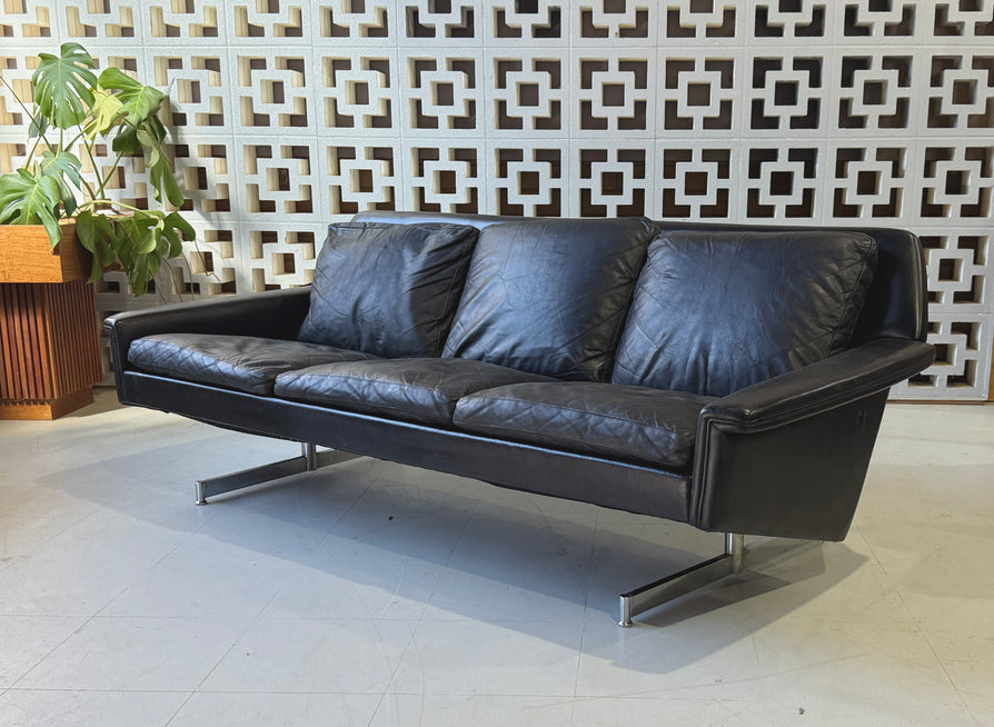 Low-Profile Danish Sofa in Black Leather