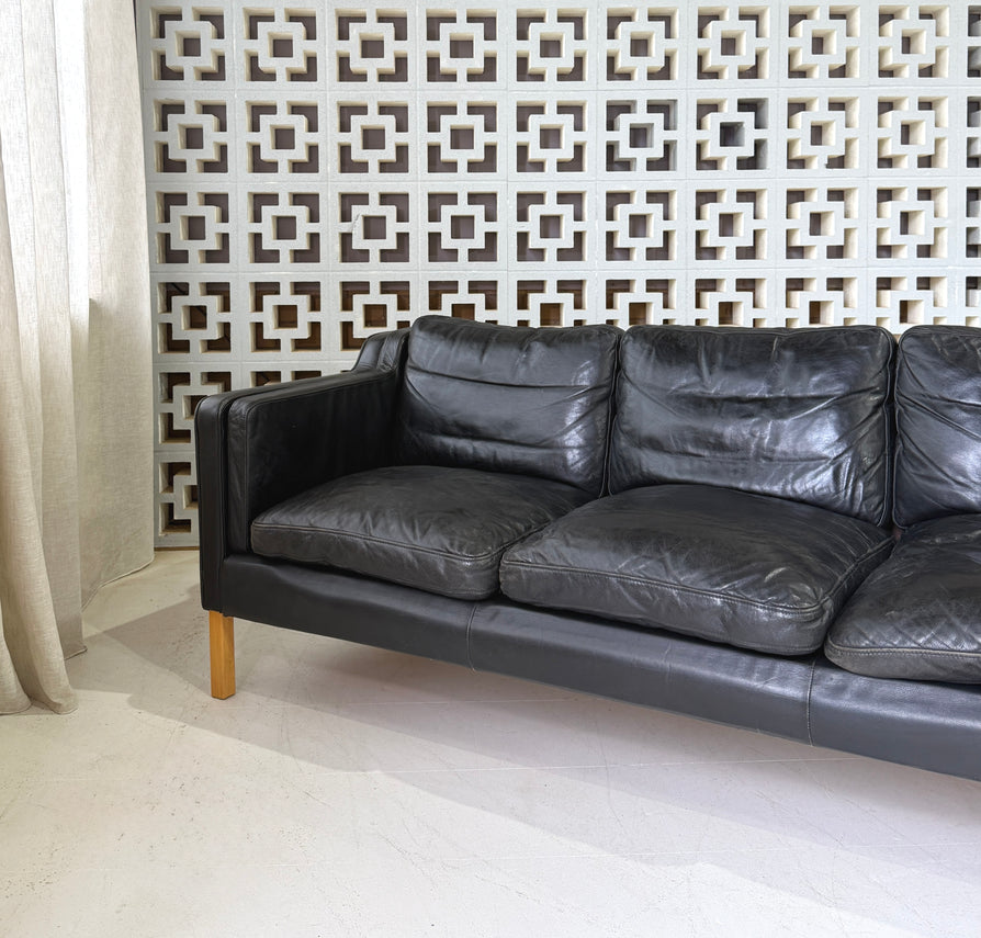 Danish Three Seater Sofa in Black Leather