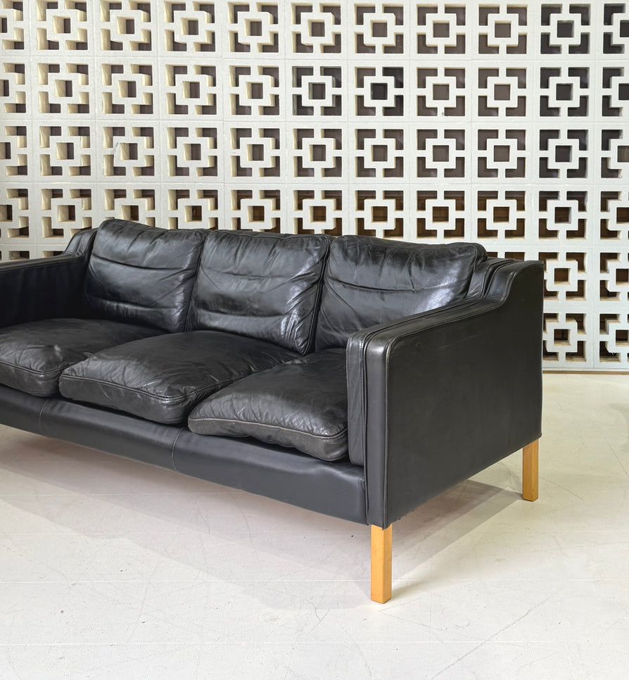 Danish Three Seater Sofa in Black Leather
