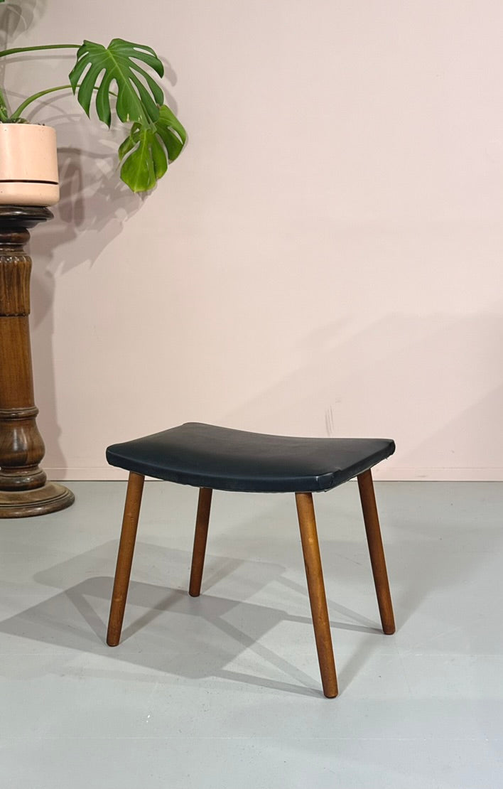 Danish Footstool in Black Vinyl and on Teak Legs