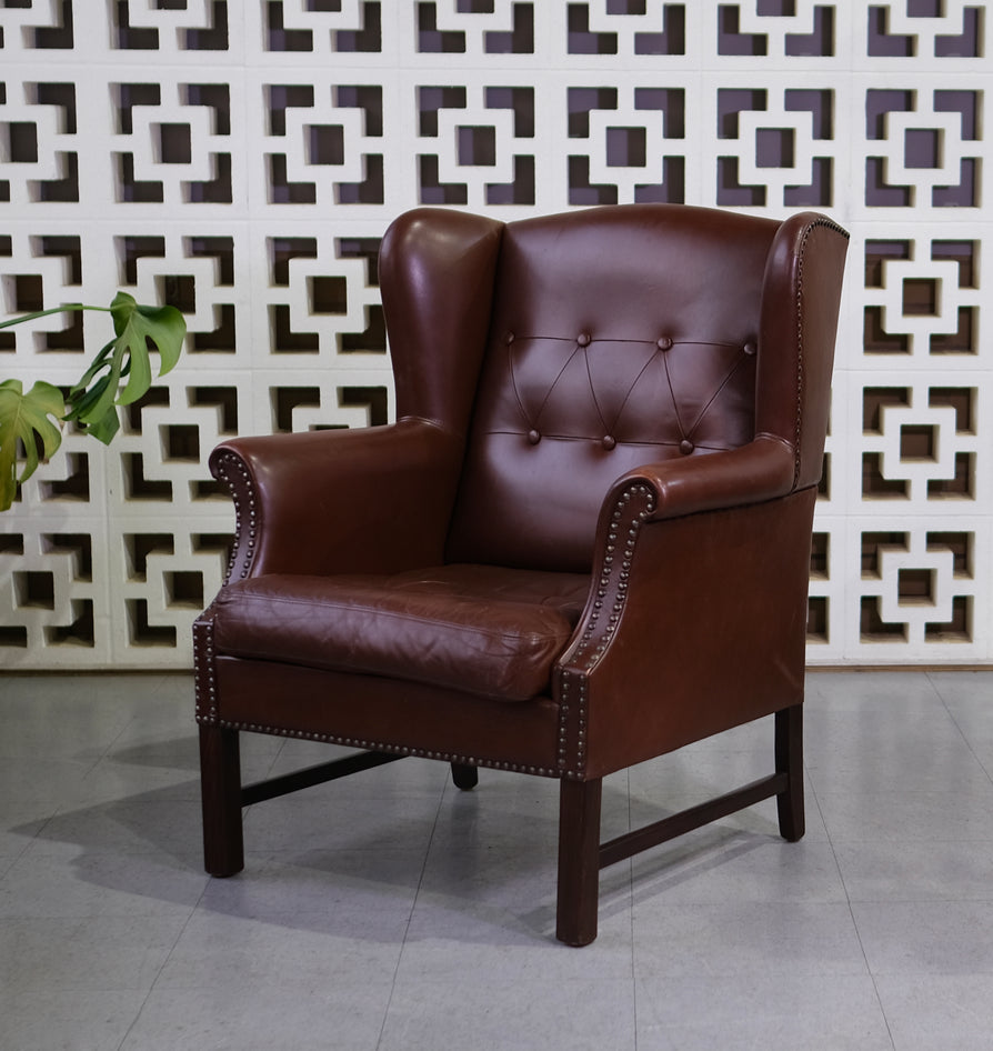 Danish Wing-Back Lounge Chair in Red/Brown Leather