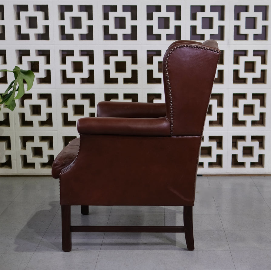 Danish Wing-Back Lounge Chair in Red/Brown Leather