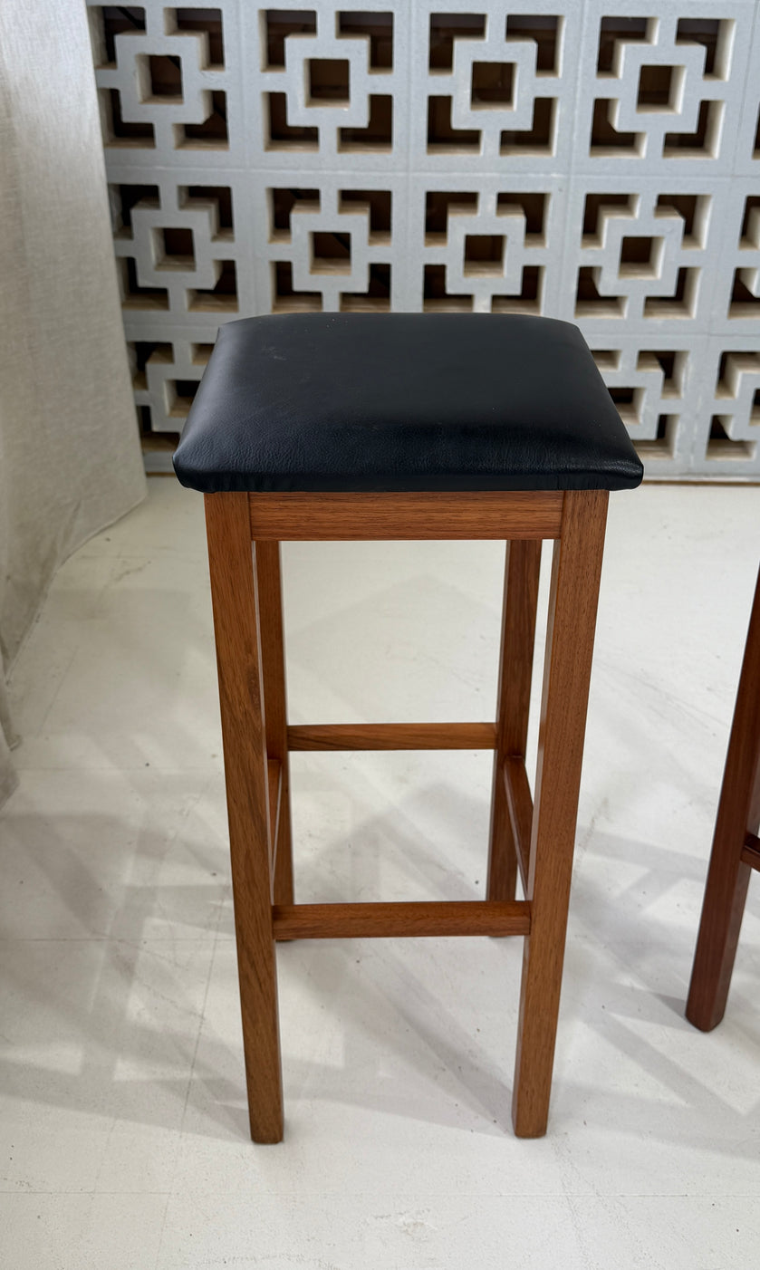 Pair of Mid-Century Barstools with Original Black Leather