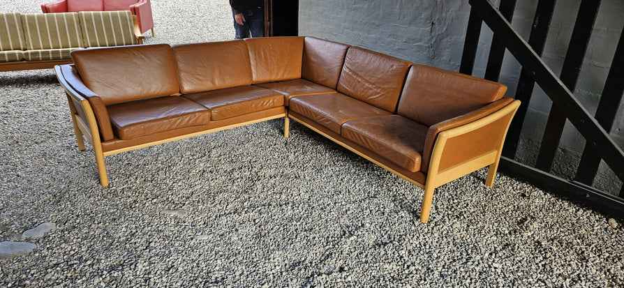 Danish Corner Sofa in Beechwood & Tan Leather