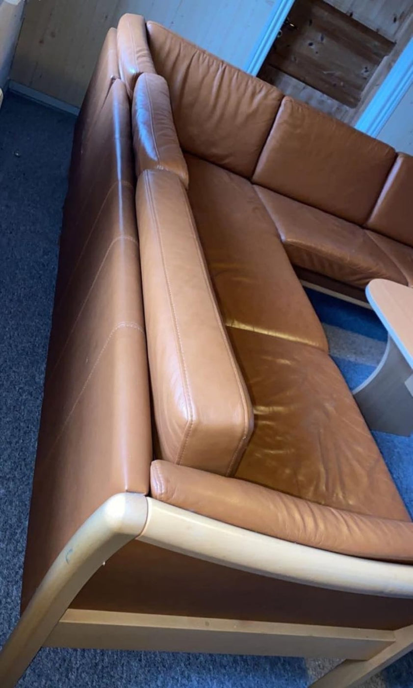 Danish Corner Sofa in Beechwood & Tan Leather