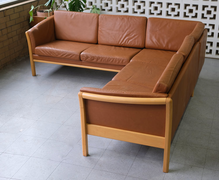 Danish Corner Sofa in Beechwood & Tan Leather