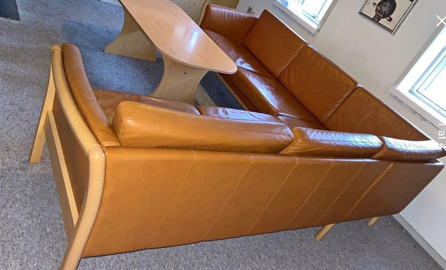 Danish Corner Sofa in Beechwood & Tan Leather