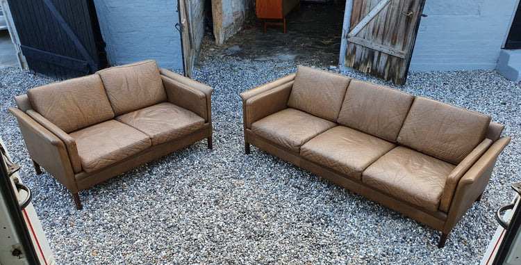 Matching Set of Danish Three & Two Seater Sofas in Mushroom Leather