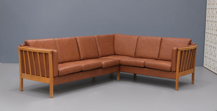 Danish Corner Sofa in Oak & Tan Leather