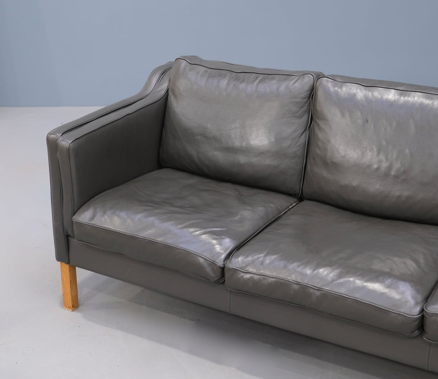 Danish Three-Seater Sofa in Dark-Grey Leather