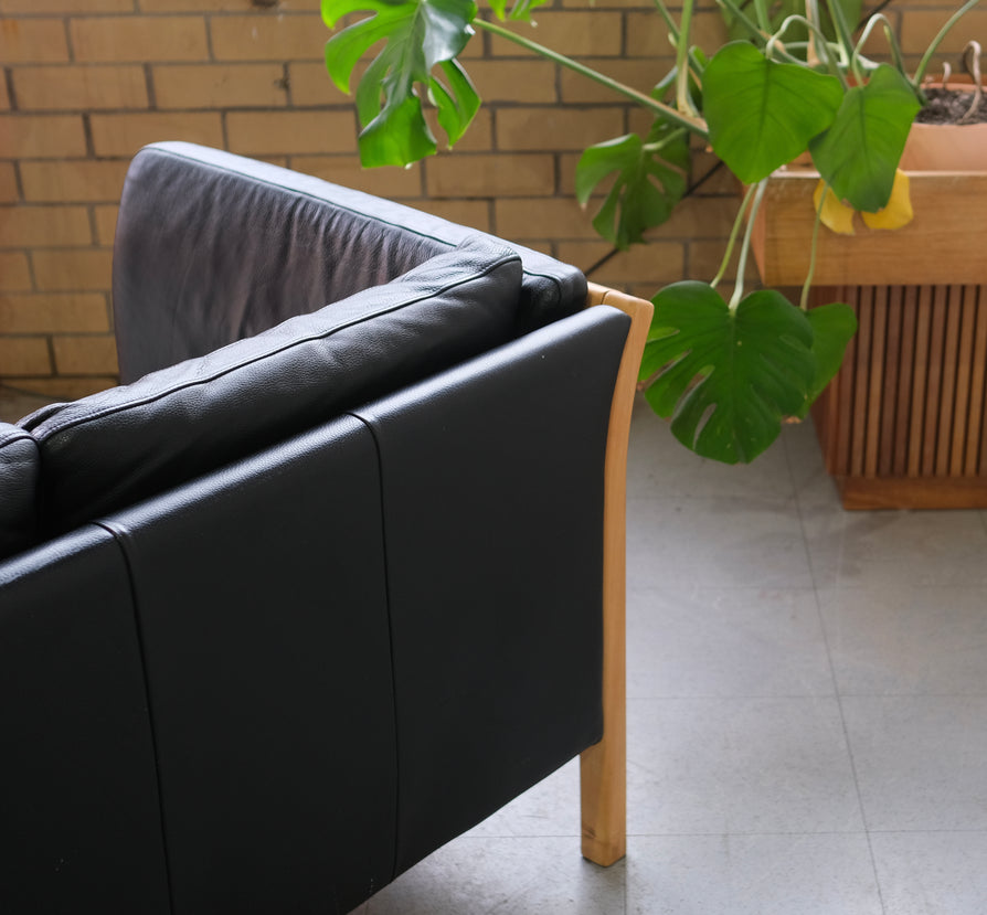 Danish Three Seater Sofa in Black Leather