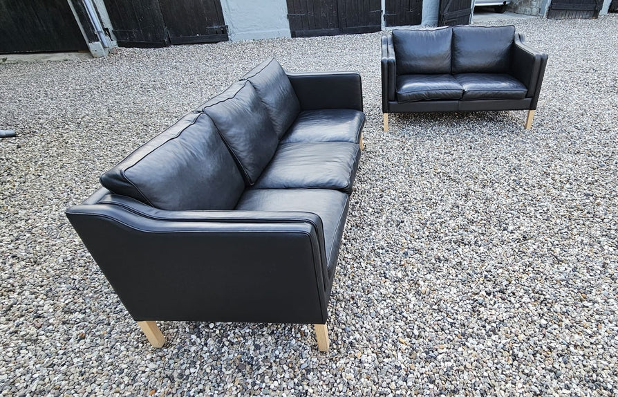 Matching Set of Danish Sofas in Black Leather