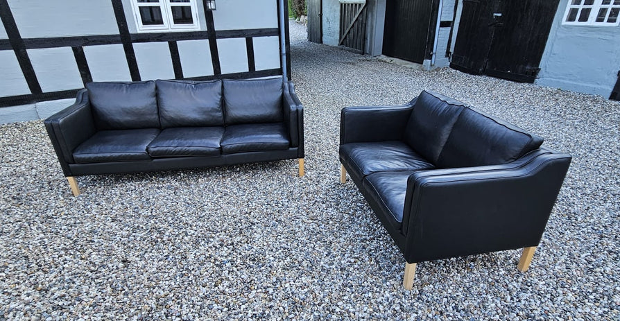 Matching Set of Danish Sofas in Black Leather