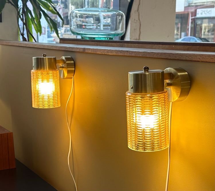 Pair of Mid-Century Wall Sconces / Bedside Lamps in Brass & Glass