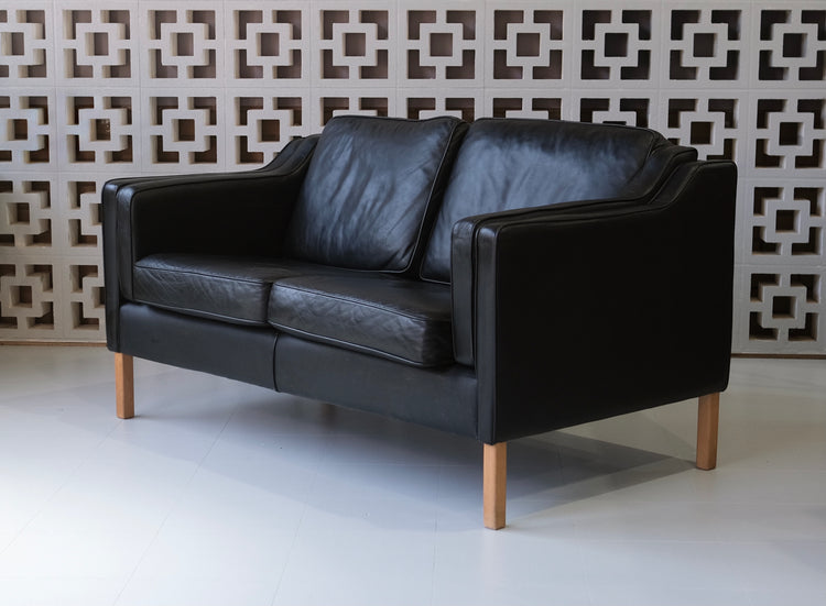 Two Seater Danish Sofa in Black Leather