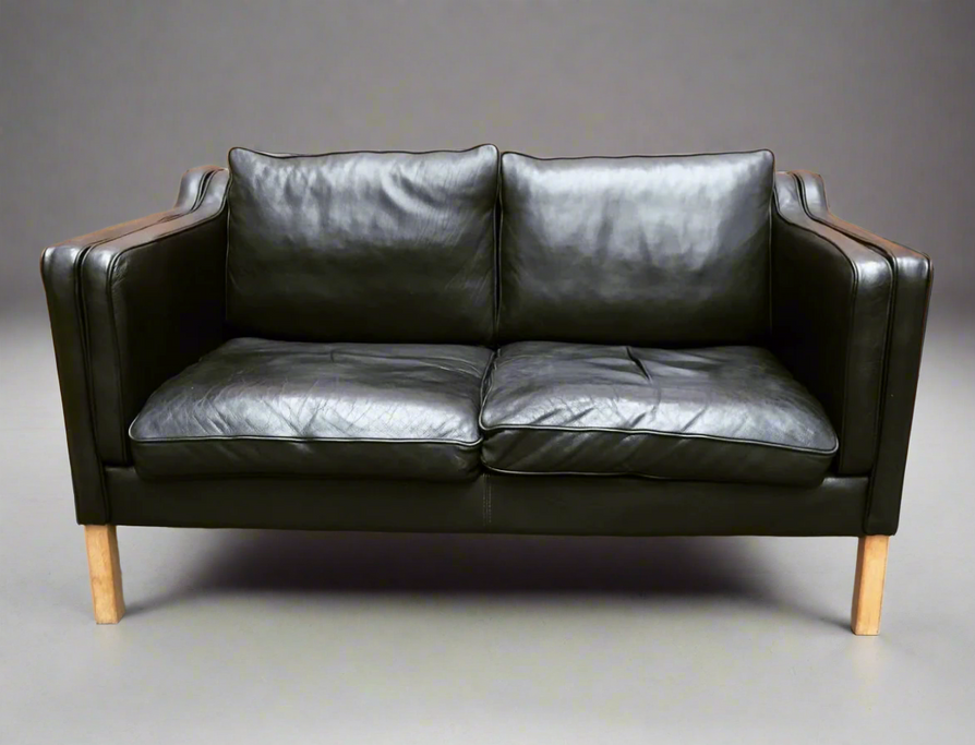 Danish Two Seater Sofa in Black Leather