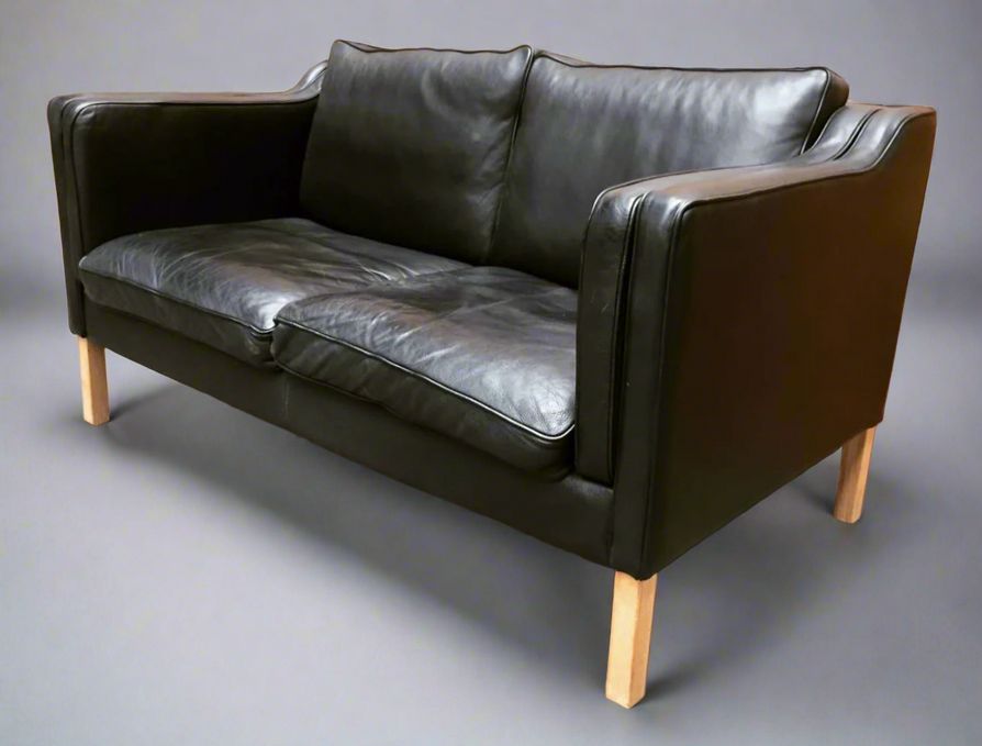 Danish Two Seater Sofa in Black Leather