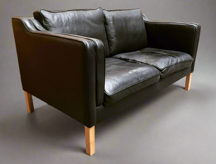 Danish Two Seater Sofa in Black Leather
