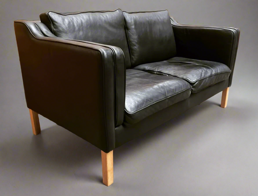Danish Two Seater Sofa in Black Leather