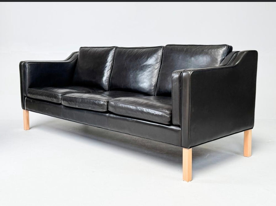 Danish Three Seater Sofa in Black Leather