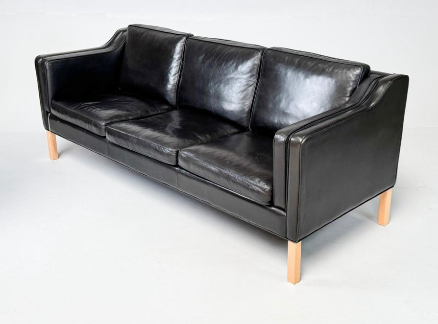 Danish Three Seater Sofa in Black Leather