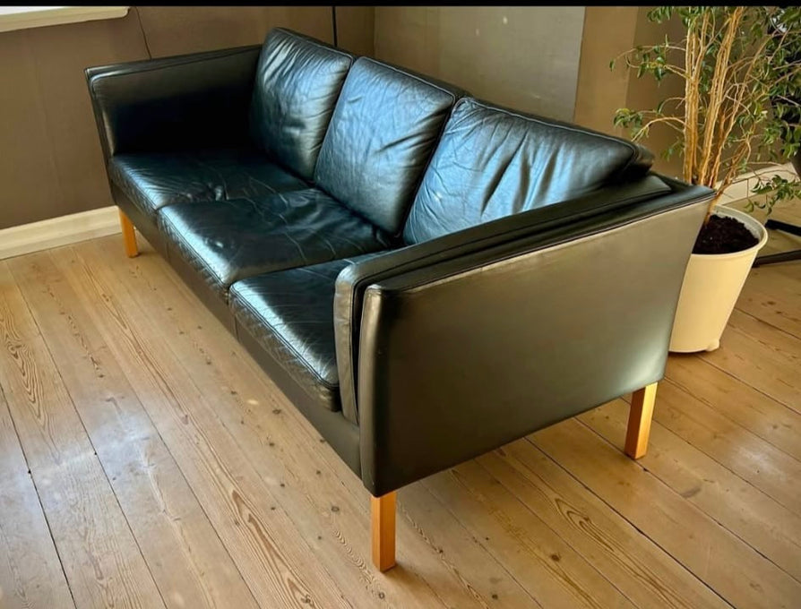Danish Three Seater Sofa in Black Leather