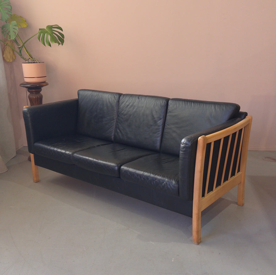 Danish Three-Seater Sofa in Black Leather