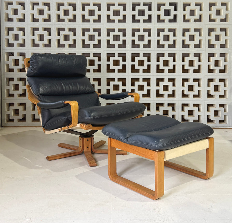 Tessa Stockholm Swivel Lounge Chair & Footstool in Blue Leather