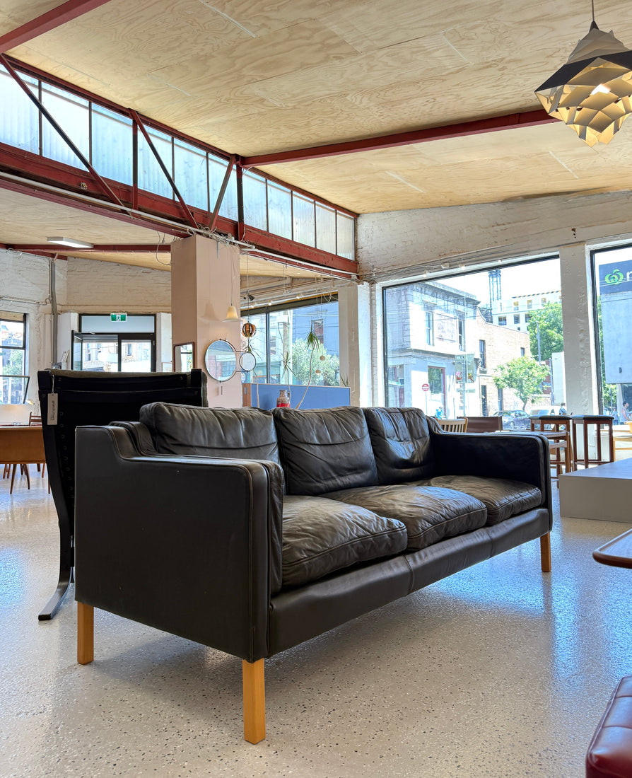 Danish Three Seater Sofa in Black Leather