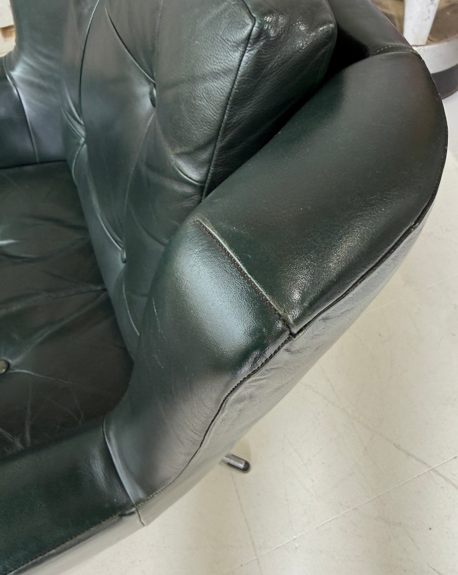 Danish Swivel Lounge Chair in Green Leather