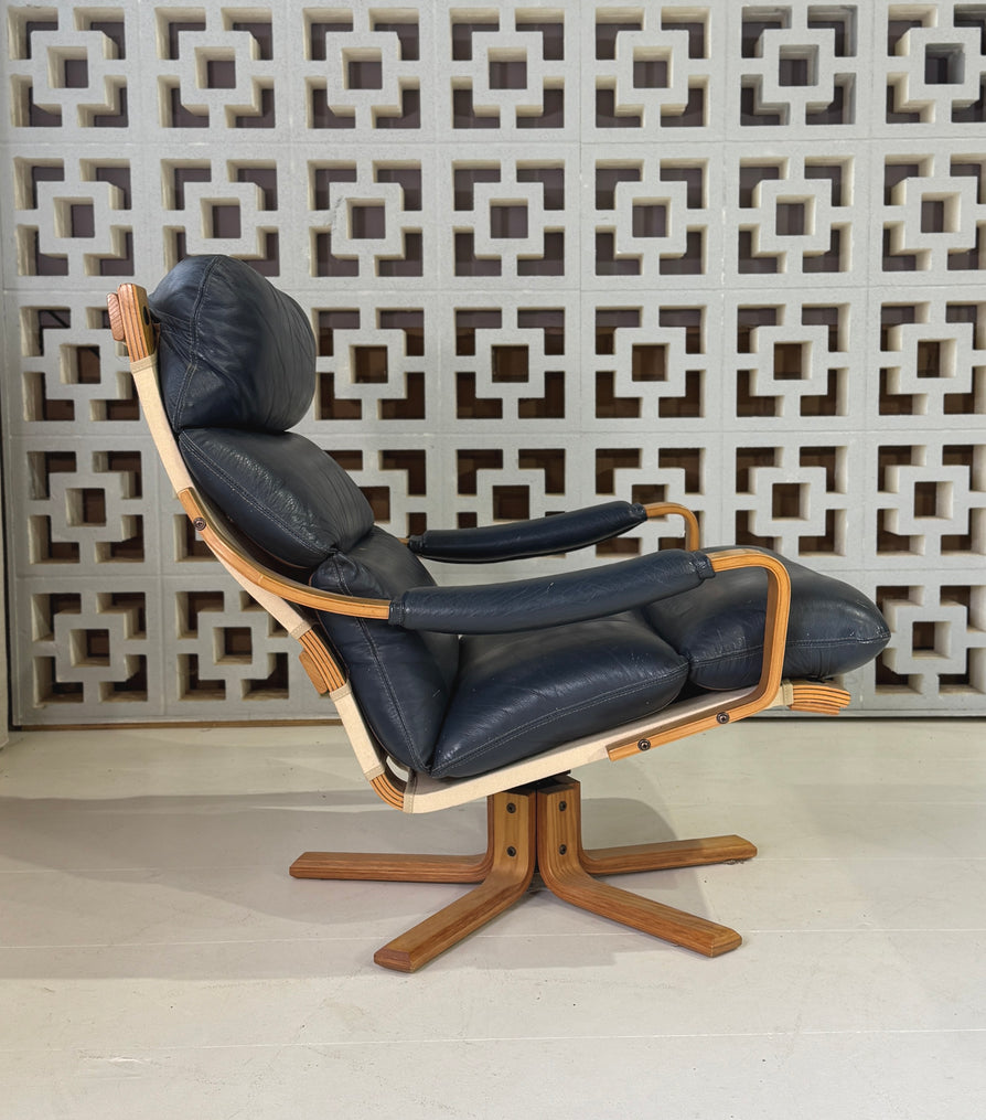 Tessa Stockholm Swivel Lounge Chair & Footstool in Blue Leather