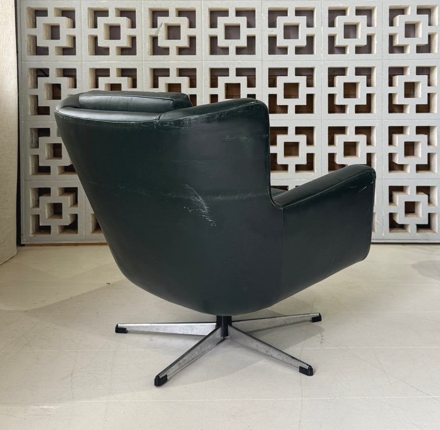 Danish Swivel Lounge Chair in Green Leather