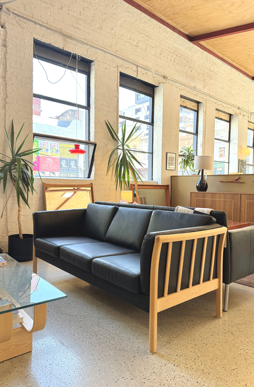 Danish Three-Seater Sofa in Black Leather