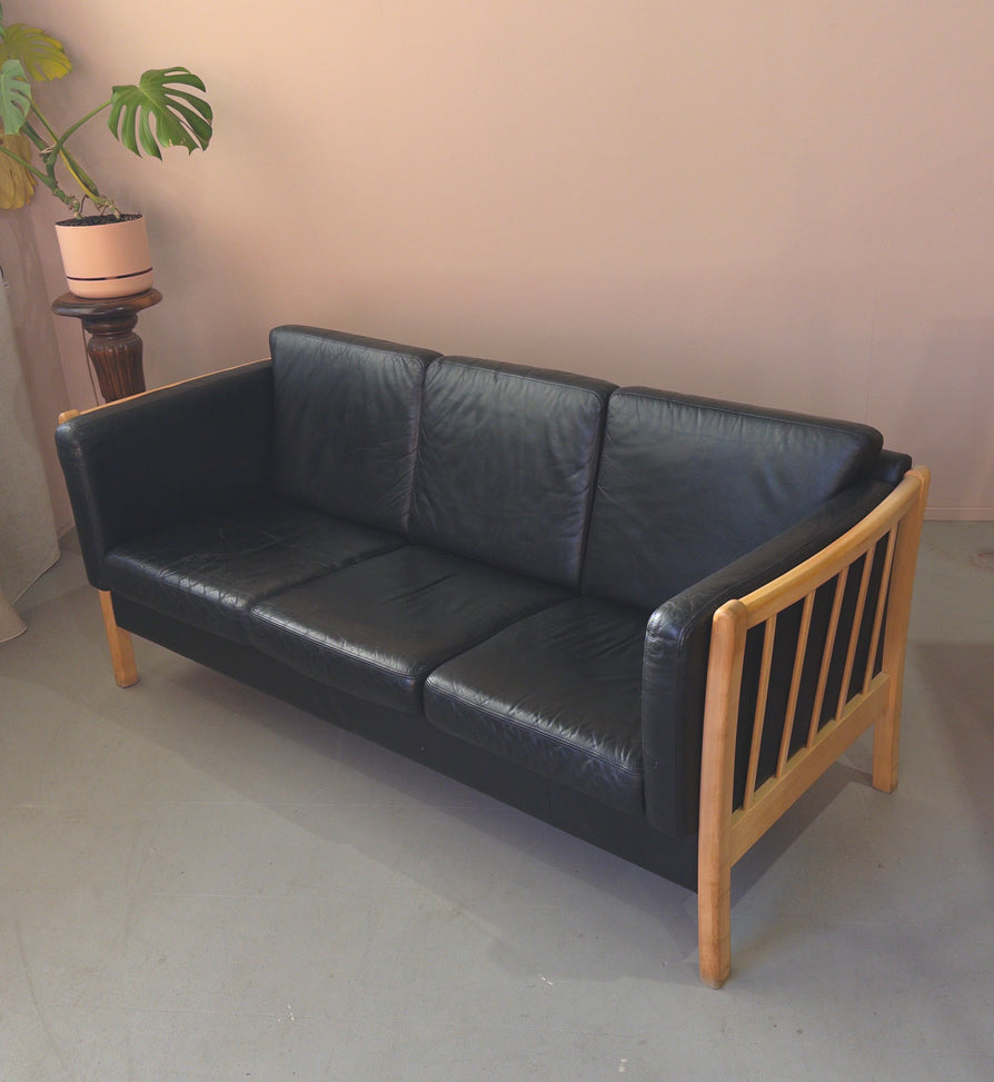Danish Three-Seater Sofa in Black Leather
