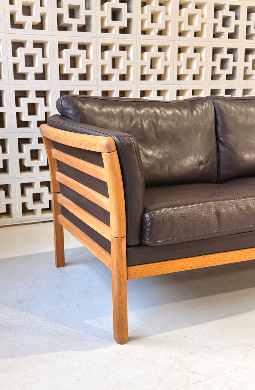 Danish Convertible Two Seater Sofa in Leather & Oak
