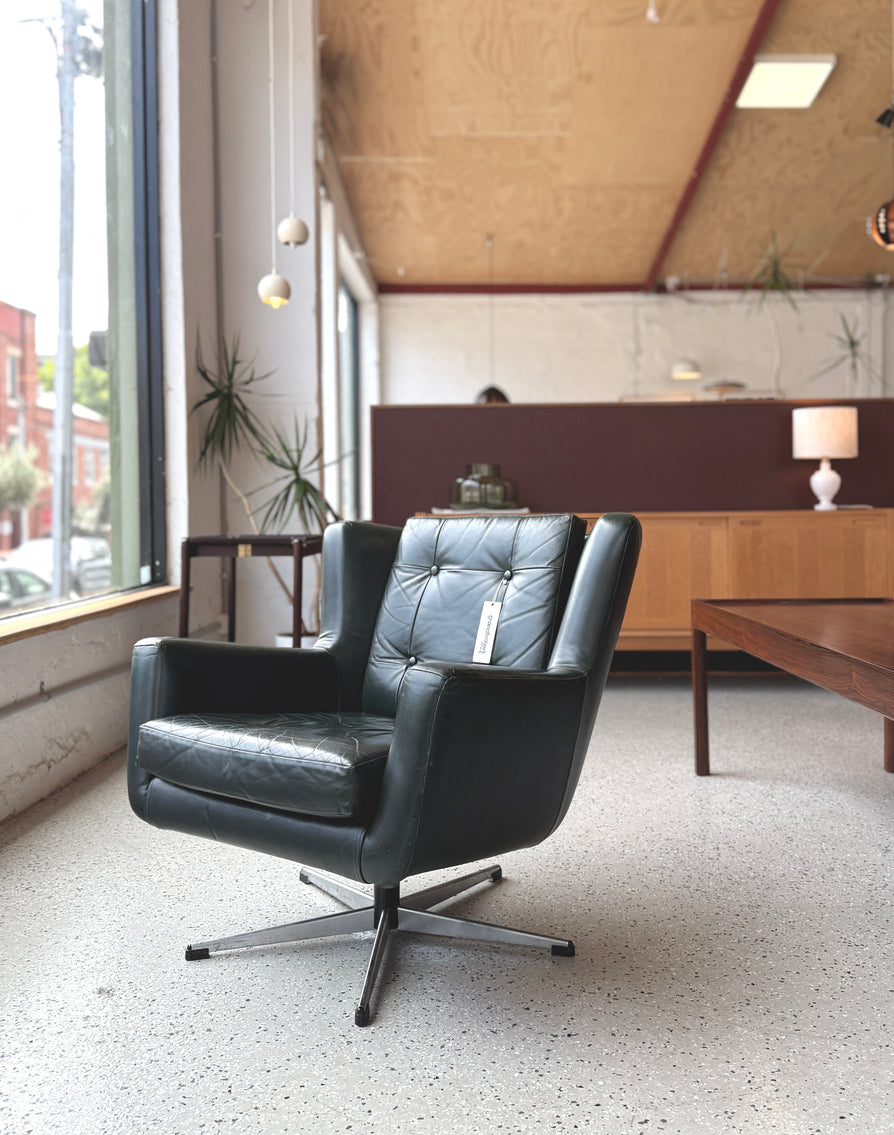 Danish Swivel Lounge Chair in Green Leather